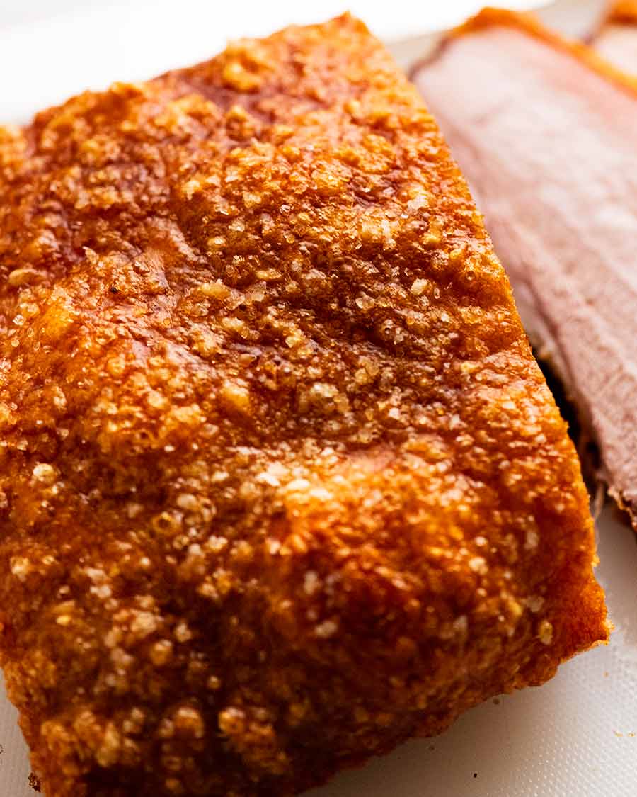 Close up photo of crispy crackling of Slow Roasted Pork Belly